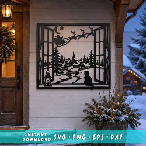 Santa Sleigh Laser SVG | Christmas Village DXF | Winter Window Scene | Reindeer CNC File | Cat Christmas Metal Wall Art SVG HappyDesignStudio 