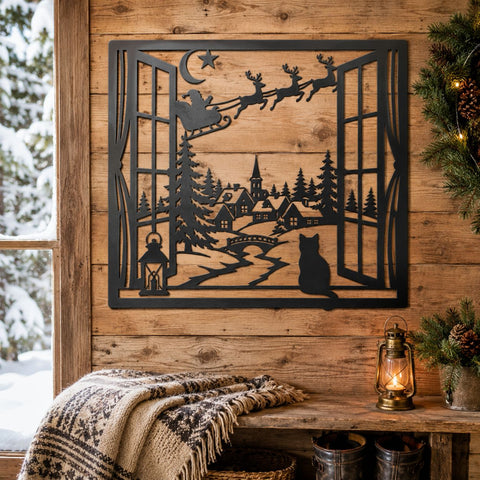 Santa Sleigh Laser SVG | Christmas Village DXF | Winter Window Scene | Reindeer CNC File | Cat Christmas Metal Wall Art SVG HappyDesignStudio 