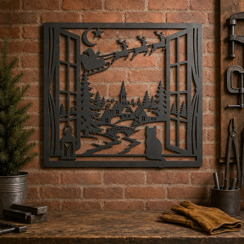 Santa Sleigh Laser SVG | Christmas Village DXF | Winter Window Scene | Reindeer CNC File | Cat Christmas Metal Wall Art SVG HappyDesignStudio 
