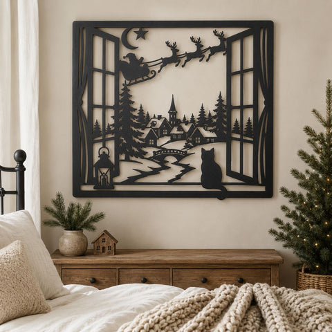 Santa Sleigh Laser SVG | Christmas Village DXF | Winter Window Scene | Reindeer CNC File | Cat Christmas Metal Wall Art SVG HappyDesignStudio 