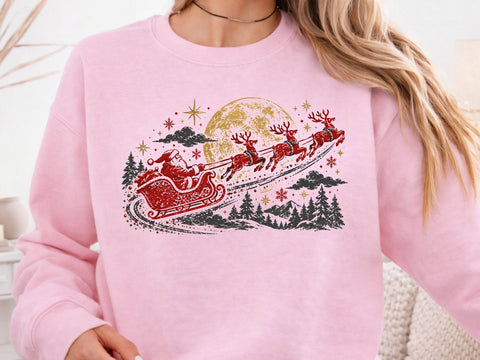 Santa Sleigh Moonlight Grunge PNG Design SVG DesignDestine 