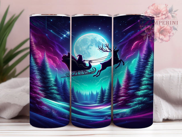 Santa Sleigh Northern Lights Tumbler, Santa Sleigh Wrap, 20Oz Skinny Tumbler, Christmas Night Sublimation, Holiday Silhouette Design, Magical Winter Tumbler, Arctic Sky Christmas Wrap Sublimation Li Zamperini 