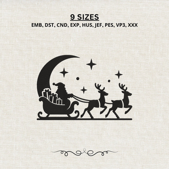 Santa Sleigh Reindeer Embroidery Design – Christmas Moon Silhouette Holiday Machine Embroidery File Embroidery/Applique DESIGNS PatternFeed8 