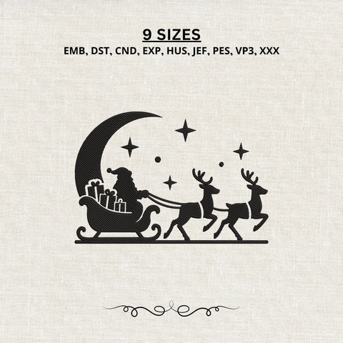 Santa Sleigh Reindeer Embroidery Design – Christmas Moon Silhouette Holiday Machine Embroidery File Embroidery/Applique DESIGNS PatternFeed8 