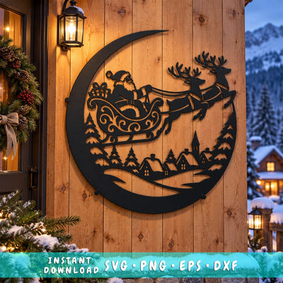 Santa Sleigh Reindeer Laser SVG | Christmas Metal Wall Art | Santa CNC DXF | Reindeer Plasma Cut File | Winter Village Silhouette SVG HappyDesignStudio 