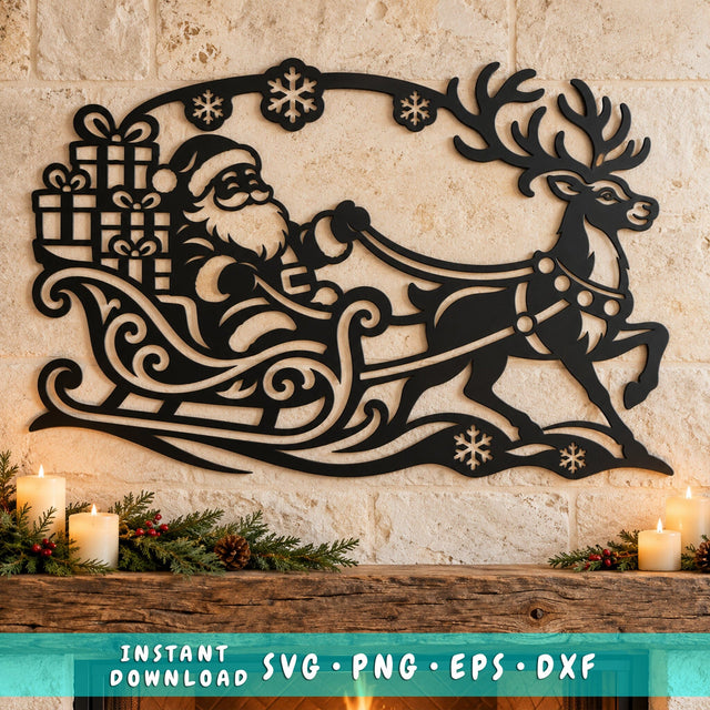 Santa Sleigh Reindeer Laser SVG | Christmas Santa Claus DXF | Holiday Metal Wall Art | Christmas Plasma Cutting File SVG HappyDesignStudio 