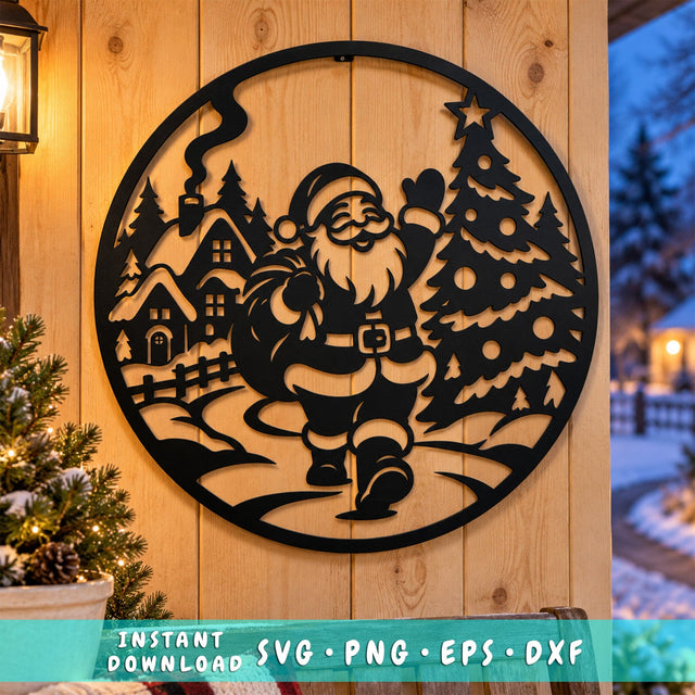 Santa Village Stroll Laser SVG | Christmas Tree DXF | Santa Claus Metal Wall Art | Holiday Plasma CNC Cutting File SVG HappyDesignStudio 