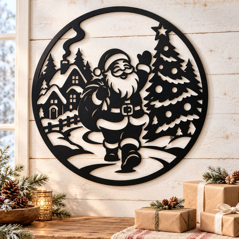Santa Village Stroll Laser SVG | Christmas Tree DXF | Santa Claus Metal Wall Art | Holiday Plasma CNC Cutting File SVG HappyDesignStudio 