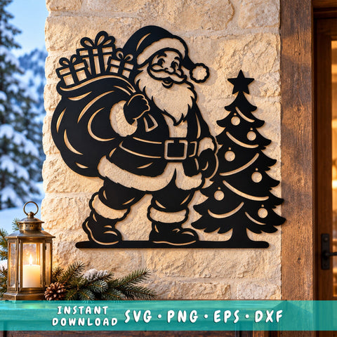 Santa with Gifts Laser SVG | Christmas Tree DXF | Santa Claus Metal Wall Art | Holiday Plasma CNC Cutting File SVG HappyDesignStudio 