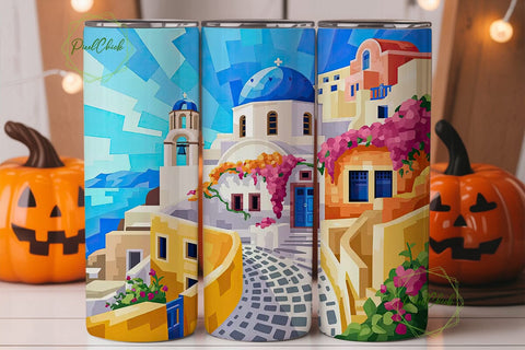 Santorini Village 20oz Tumbler Wrap Sublimation PixelChick 