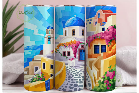 Santorini Village 20oz Tumbler Wrap Sublimation PixelChick 