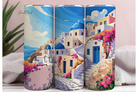 Santorini Village 20oz Tumbler Wrap Sublimation PixelChick 