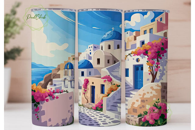 Santorini Village 20oz Tumbler Wrap Sublimation PixelChick 