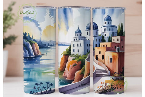 Santorini Watercolor 20oz Tumbler Wrap Sublimation PixelChick 