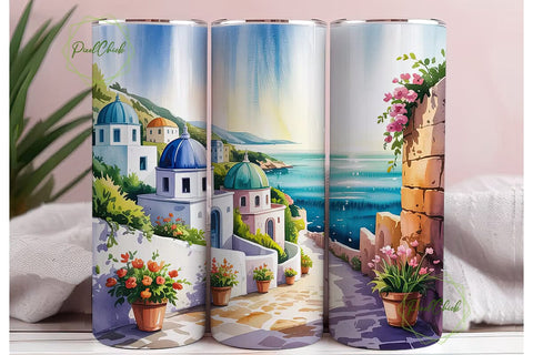 Santorini Watercolor 20oz Tumbler Wrap Sublimation PixelChick 