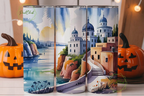 Santorini Watercolor 20oz Tumbler Wrap Sublimation PixelChick 