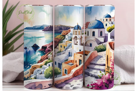 Santorini Watercolor 20oz Tumbler Wrap Sublimation PixelChick 