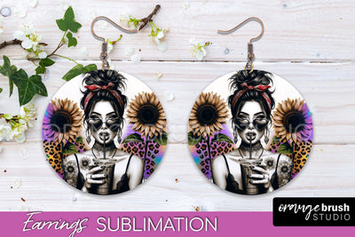 Sassy Girl Earrings PNG - Flower Round Earrings Sublimation Sublimation OrangeBrushStudio 