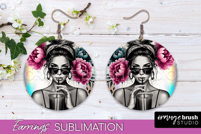 Sassy Girl Earrings PNG - Flower Round Earrings Sublimation Sublimation OrangeBrushStudio 