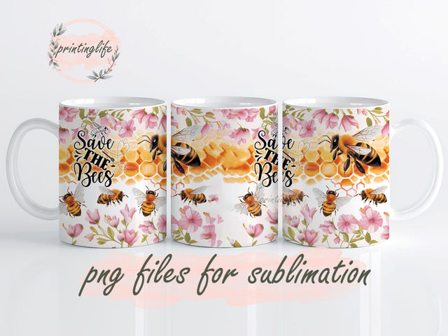 Save the bees Mug Wrap Design, Instant Digital Design Download Mug Wrap Design, Mug Design PNG Sublimation PrintingLife 