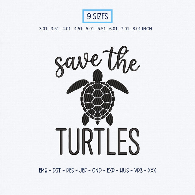 Save the Turtles Embroidery Design – Sea Turtle Ocean Conservation Wildlife Machine Embroidery File Embroidery/Applique DESIGNS PatternFeed8 