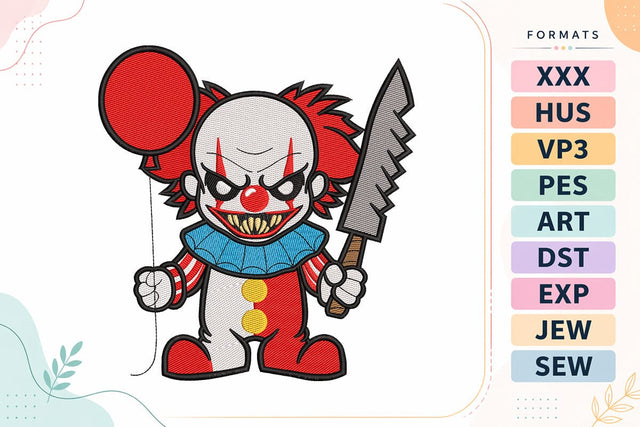 Scary Evil Clown with Balloon and Knife Halloween Embroidery Design Embroidery/Applique DESIGNS sg embroidery 