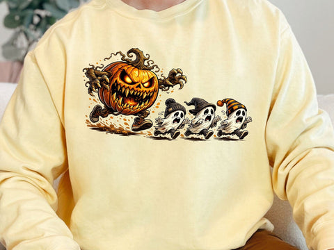 Scary Pumpkin Chasing Cute Ghosts PNG SVG artprintfile 