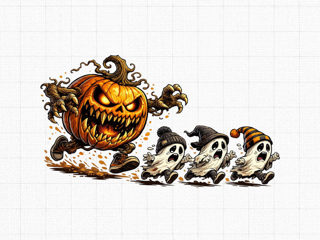 Scary Pumpkin Chasing Cute Ghosts PNG SVG artprintfile 
