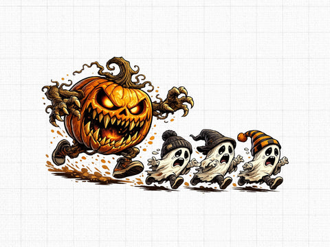 Scary Pumpkin Chasing Cute Ghosts PNG SVG artprintfile 