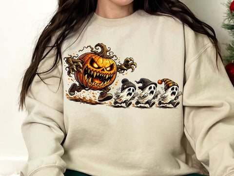 Scary Pumpkin Chasing Cute Ghosts PNG SVG artprintfile 
