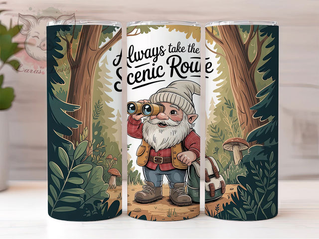 Scenic Route Gnome 20oz Tumbler, Always Take the Scenic Route Quote, Travel Wrap Design, Adventure Gnome Sublimation, 20oz Tumbler Wrap, Sublimation Design PNG, Rustic Camping Gift Sublimation Lara' s Designs 