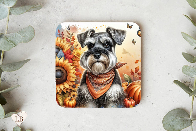 Schnauzer Fall Coaster, Autumn Dog Square Coaster Sublimation Sublimation BijouBay 
