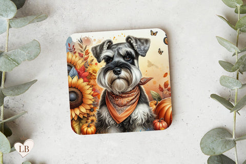 Schnauzer Fall Coaster, Autumn Dog Square Coaster Sublimation Sublimation BijouBay 