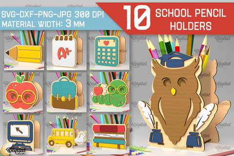 School Pencil Holders Laser Cut Bundle. Pen Holders SVG SVG Evgenyia Guschina 