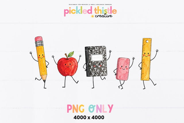 School Supplies PNG, Watercolor School Characters SVG Pickled Thistle Creative 