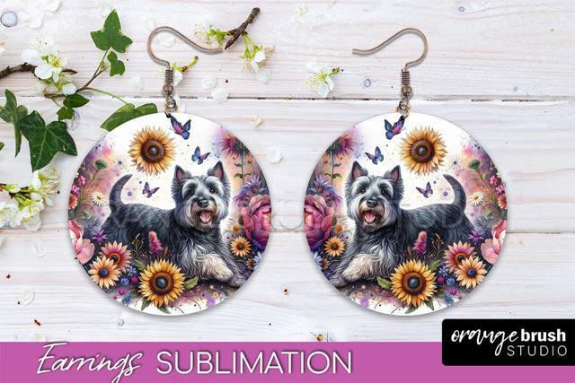 Scottish Terrier Earrings - Dog Mom Floral Round Earring Sublimation Sublimation OrangeBrushStudio 