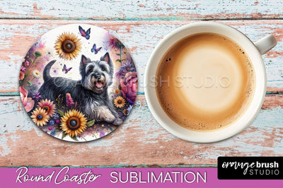 Scottish Terrier Round Coaster - Dog Mom Floral Coaster Sublimation Sublimation OrangeBrushStudio 
