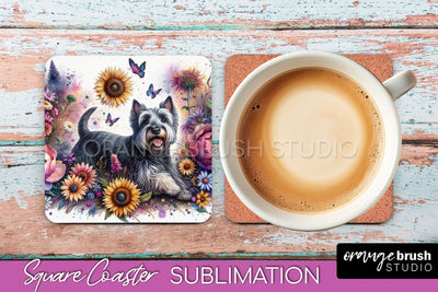 Scottish Terrier Square Coaster - Dog Mom Floral Coaster Sublimation Sublimation OrangeBrushStudio 