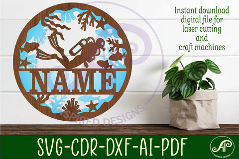 Scuba diver two layer name sign svg laser cut template SVG APInspireddesigns 