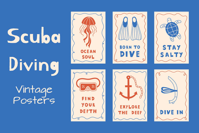 Scuba Diving Vintage Posters Digital Pattern Rin Green 