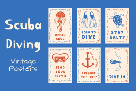 Scuba Diving Vintage Posters Digital Pattern Rin Green 