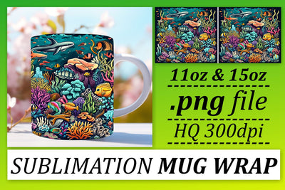 Sea Adventure Mug Wrap, Colorful Watercolor Sea Creatures Design Sublimation afrosvg 