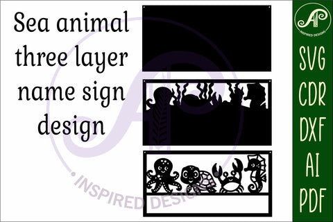 Sea animal scene name sign SVG 3 layer laser cut SVG APInspireddesigns 