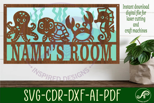 Sea animal scene name sign SVG 3 layer laser cut SVG APInspireddesigns 