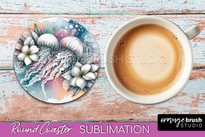 Sea Animals Coaster Sublimation - Beach Round Coaster PNG Sublimation OrangeBrushStudio 