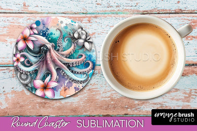 Sea Animals Coaster Sublimation - Beach Round Coaster PNG Sublimation OrangeBrushStudio 