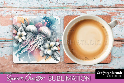 Sea Animals Coaster Sublimation - Beach Square Coaster PNG Sublimation OrangeBrushStudio 