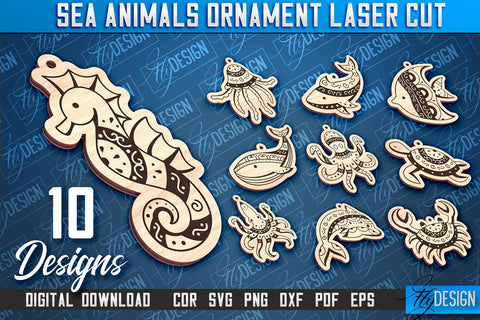 Sea Animals Ornaments Laser Cut | Sea Creatures Ornament SVG SVG Fly Design 