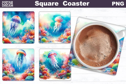 Sea Animals Square Coaster | Watercolor Ocean Square Coaster Sublimation WatercolorColorDream 
