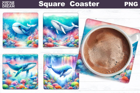 Sea Animals Square Coaster | Watercolor Ocean Square Coaster Sublimation WatercolorColorDream 